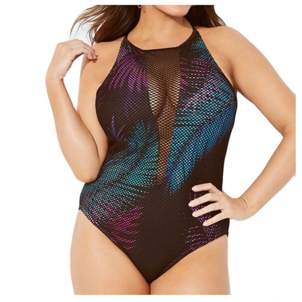 New! Swimsuits for All Black Mesh Plunge Rainbow One Piece Swimsuit Tie Back Lin